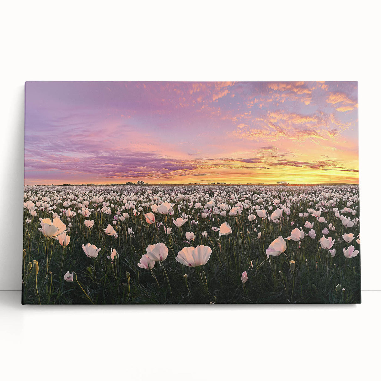Stretched canvas artwork showcasing a serene landscape with rolling fields, vibrant greens, and a tranquil blue sky, ideal for home decor.