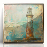 Framed wall art showcasing a golden-accented lighthouse design against a serene landscape, ideal for nautical-themed decor, adding elegance to any room.