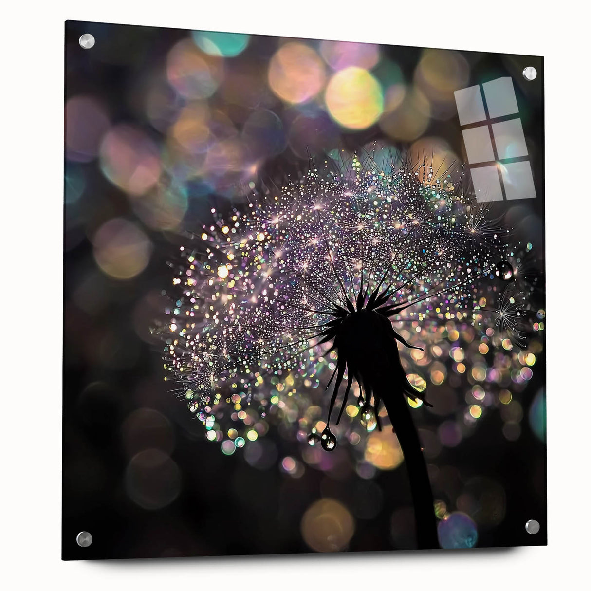 Close-up of water droplets on acrylic glass in muted blue and gray tones, ideal for bedroom or dining room wall art.