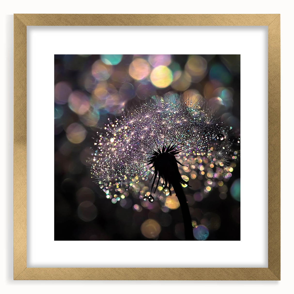 Extra large abstract art print featuring textured waves in shades of blue and white, framed in gold.