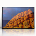 Large abstract wall art depicting an Indian scenery in muted earth tones on a framed acrylic.