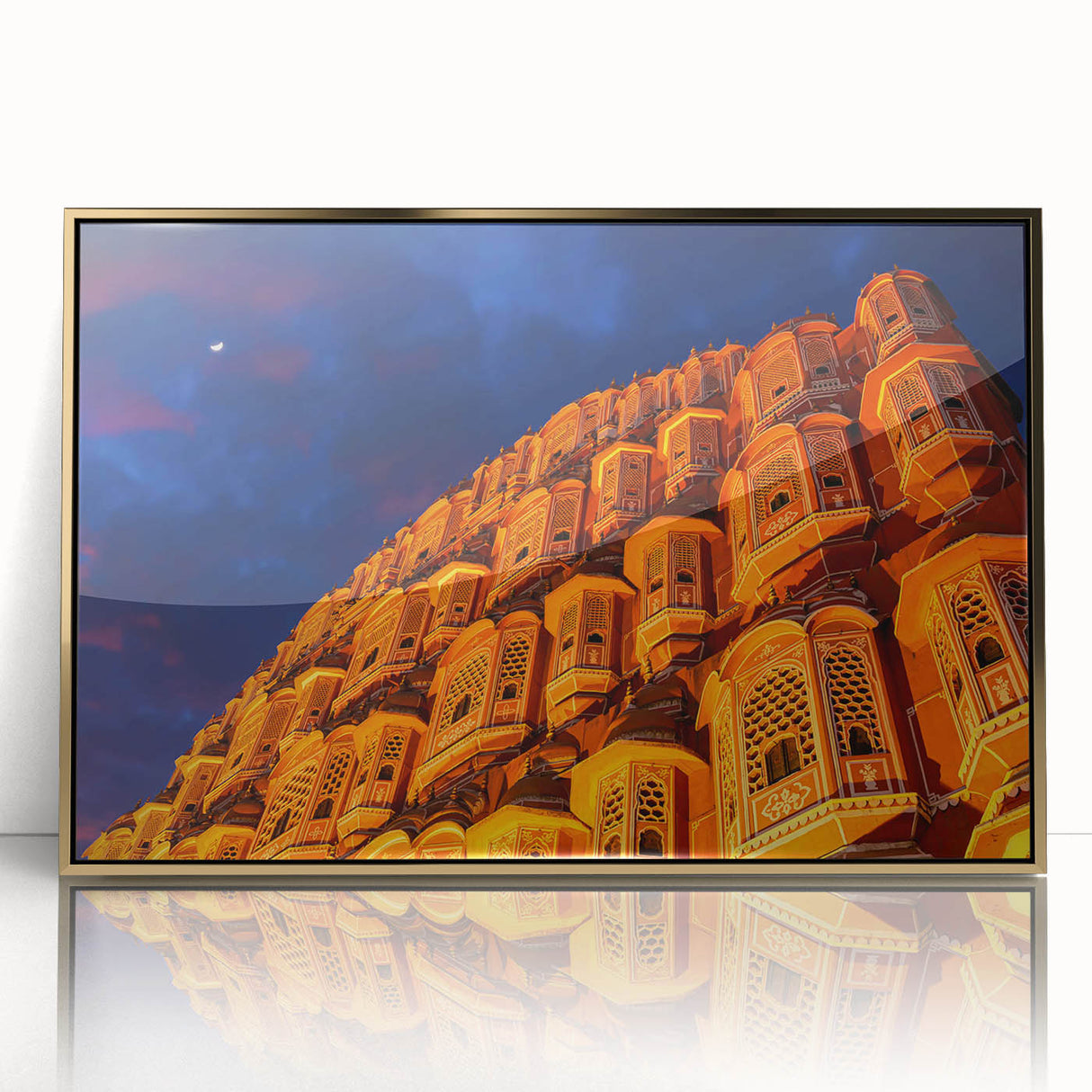 Large art print of an Indian scenery in gold tones on framed acrylic, in a mid-century modernist style.