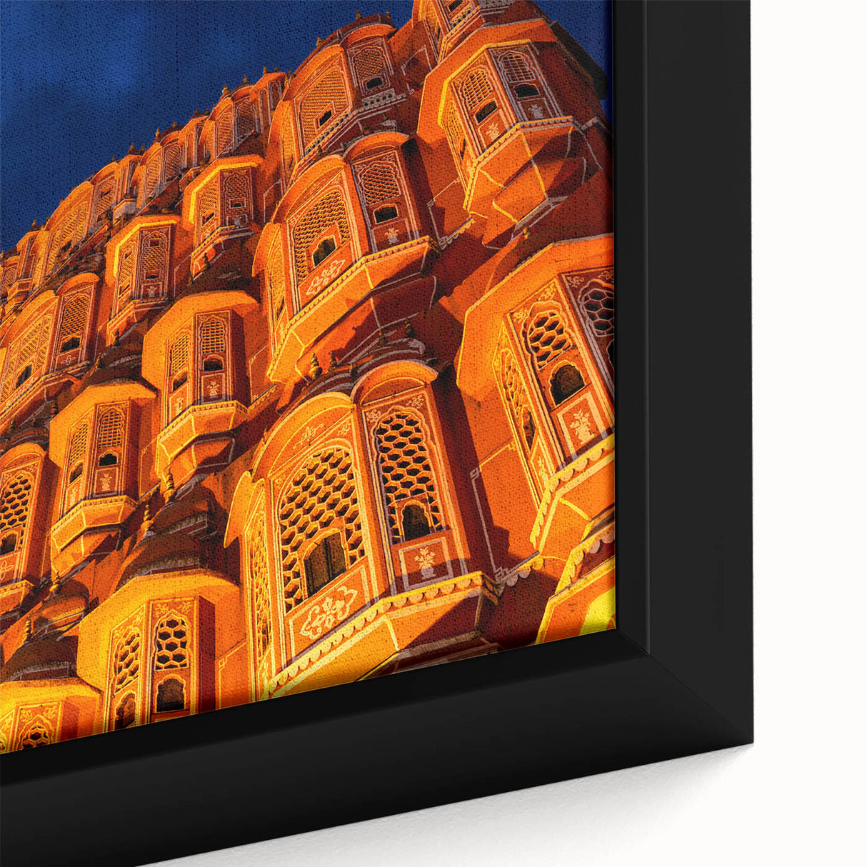 Extra large framed canvas of a textured, colorful Indian scenery in black, ideal for living room decor.