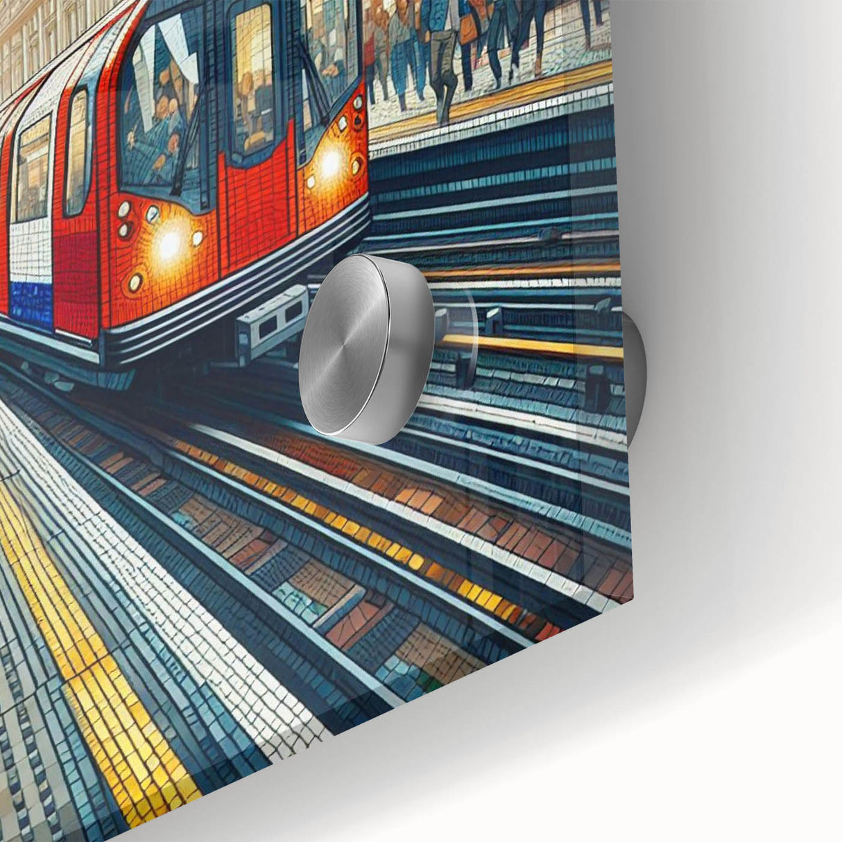 Large abstract depiction of London's skyline in muted earth tones on acrylic glass, ideal for dining room art.