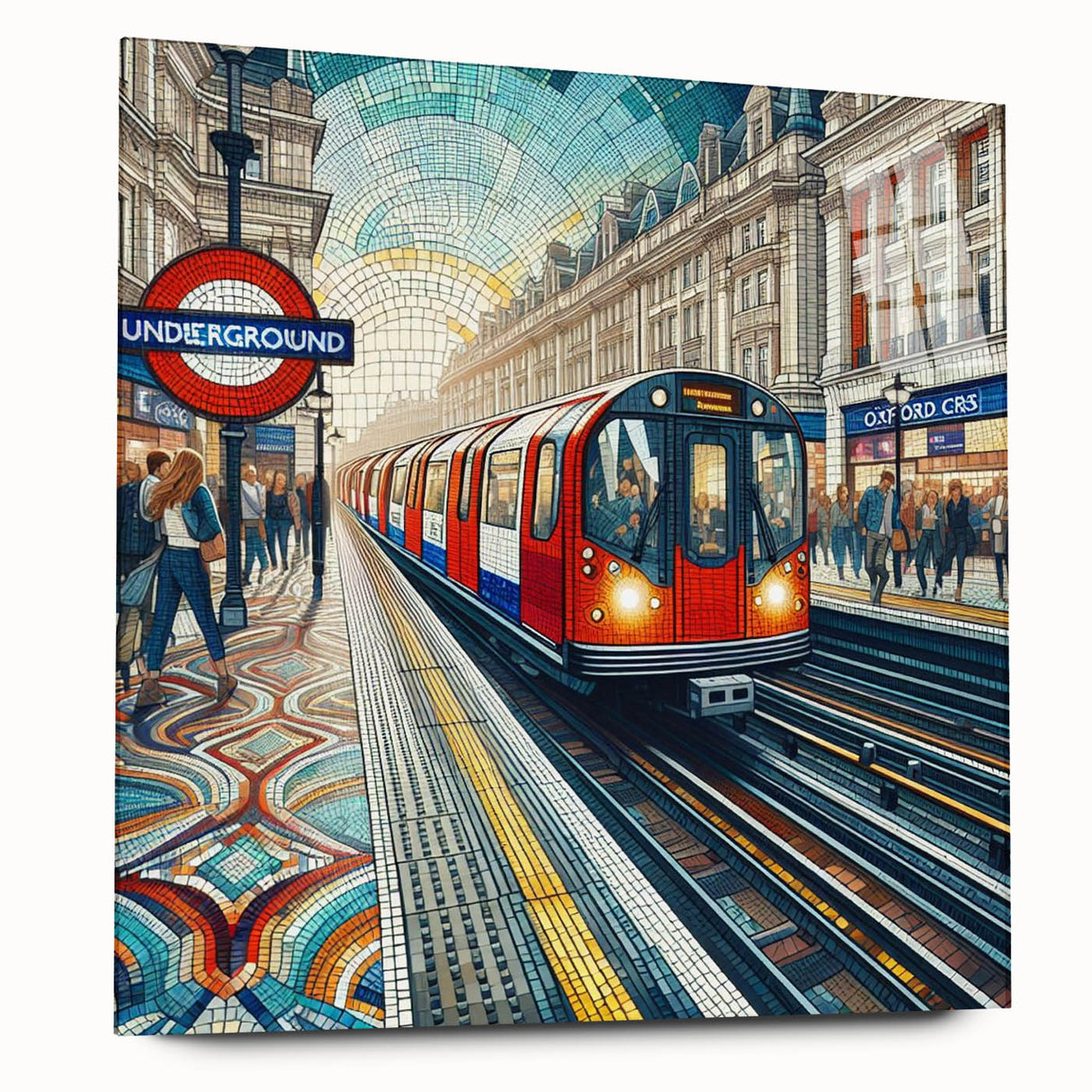 Acrylic print of abstract London skyline in muted gray and blue tones, ideal for bedroom or dining room art.