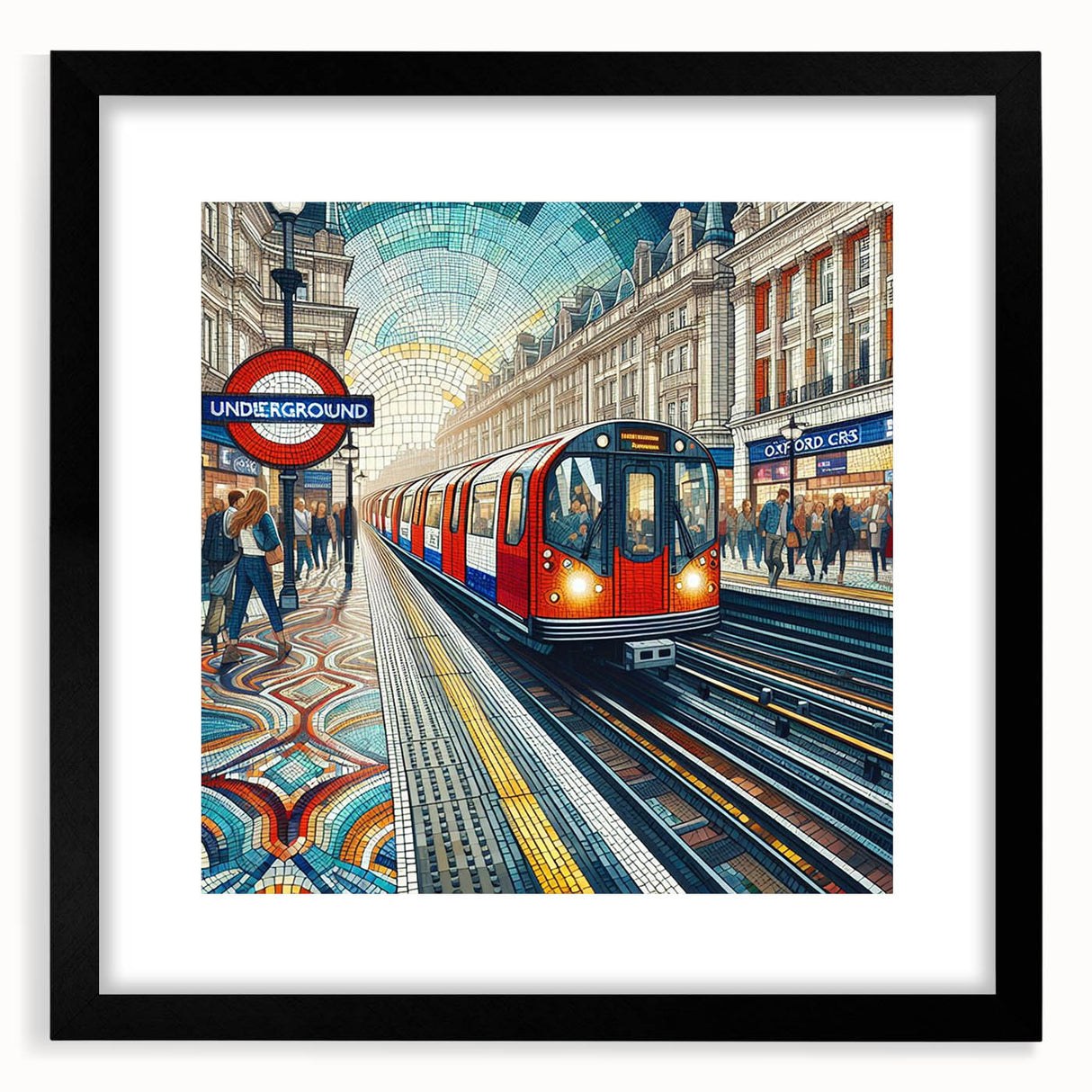 Extra large abstract art print of colorful London scenery on textured canvas, ideal for living room decor.