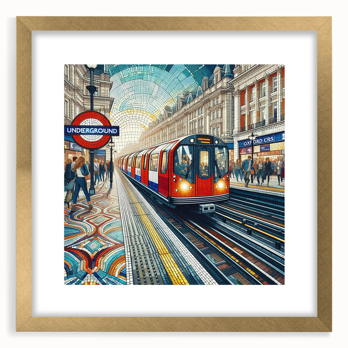 Abstract art print of London scenery in muted gold and gray tones on a framed canvas, suited for dining room decor.
