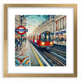 Abstract art print of London scenery in muted gold and gray tones on a framed canvas, suited for dining room decor.