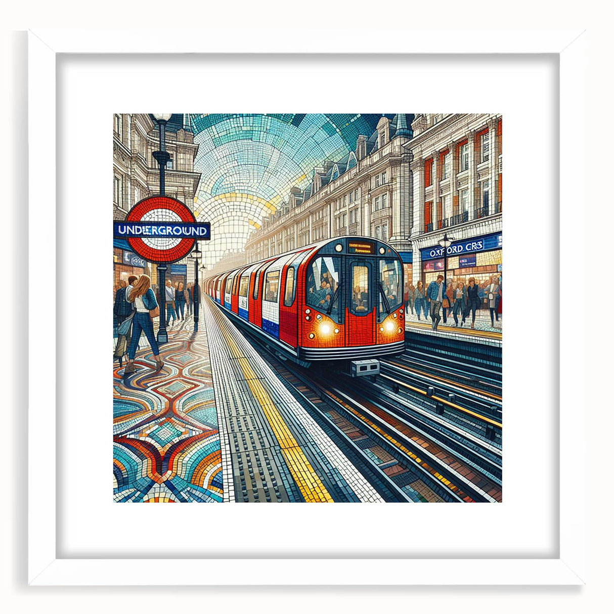 Textured abstract art print of London scenery in muted colors on a white framed mat, suitable for bedroom art.