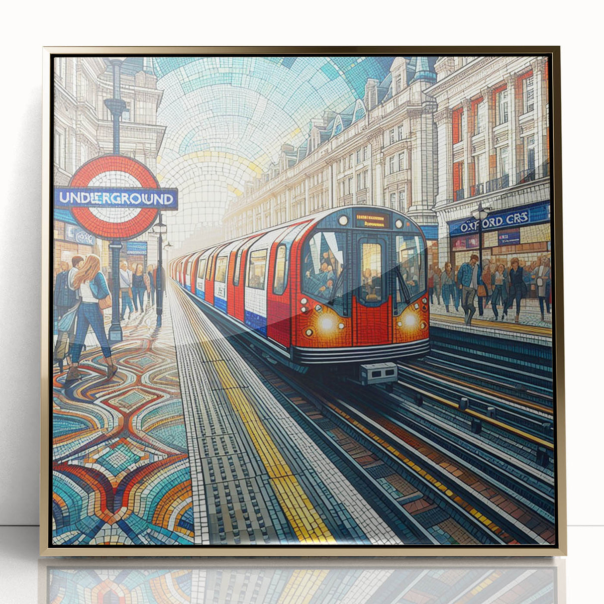 Art deco poster of London scenery in gold acrylic frame, featuring muted earth tones, ideal for modern art wall decor.