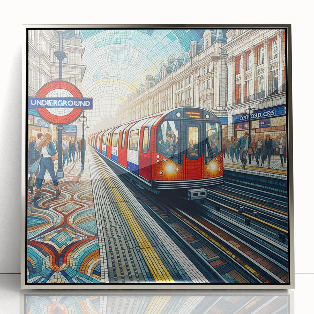 Large art print of London scenery in silver frame, acrylic, with mid-century modernist style, suited for modern wall decor.