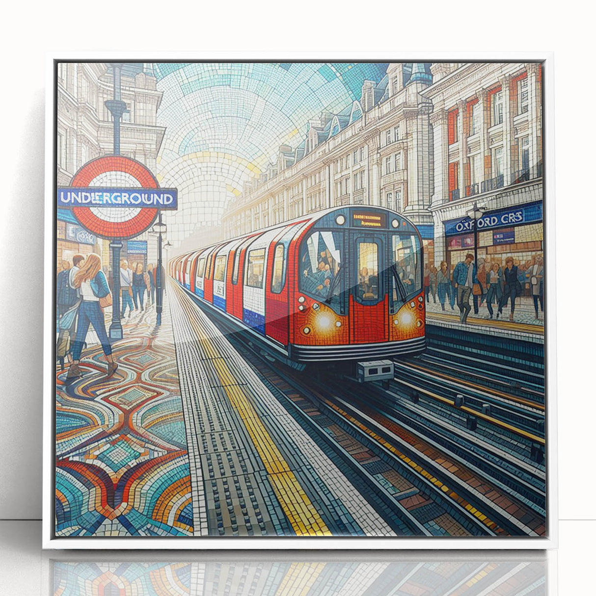 Mid-century modernist art depicting London skyline in muted grays and blues on a framed acrylic, ideal for nursery wall art.