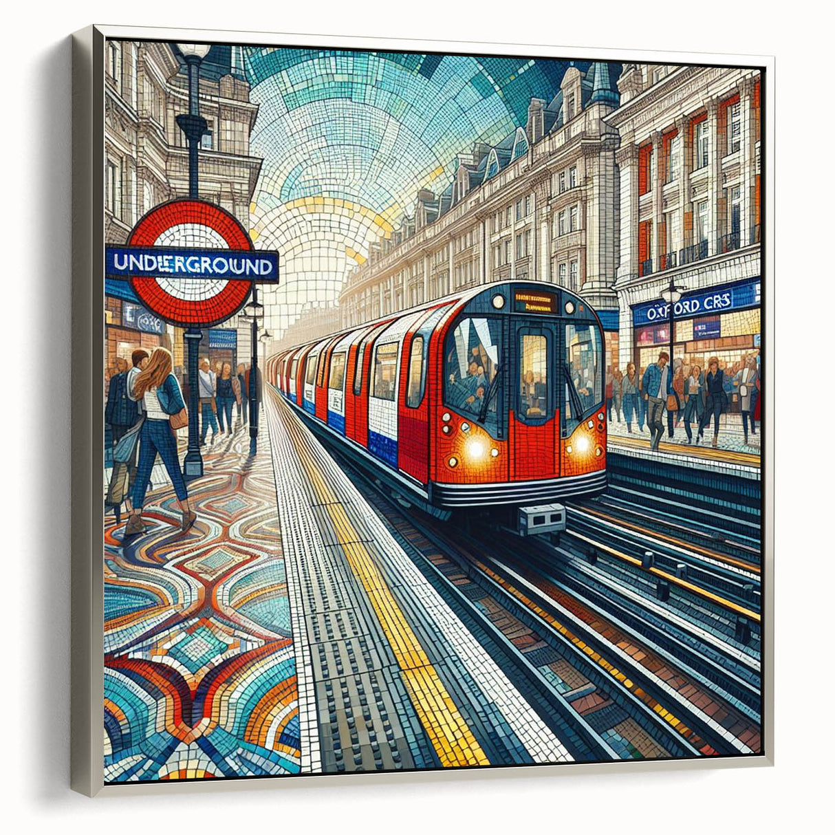 Landscape art painting of London featuring a colorful vintage poster style on a framed canvas, ideal for living room decor.