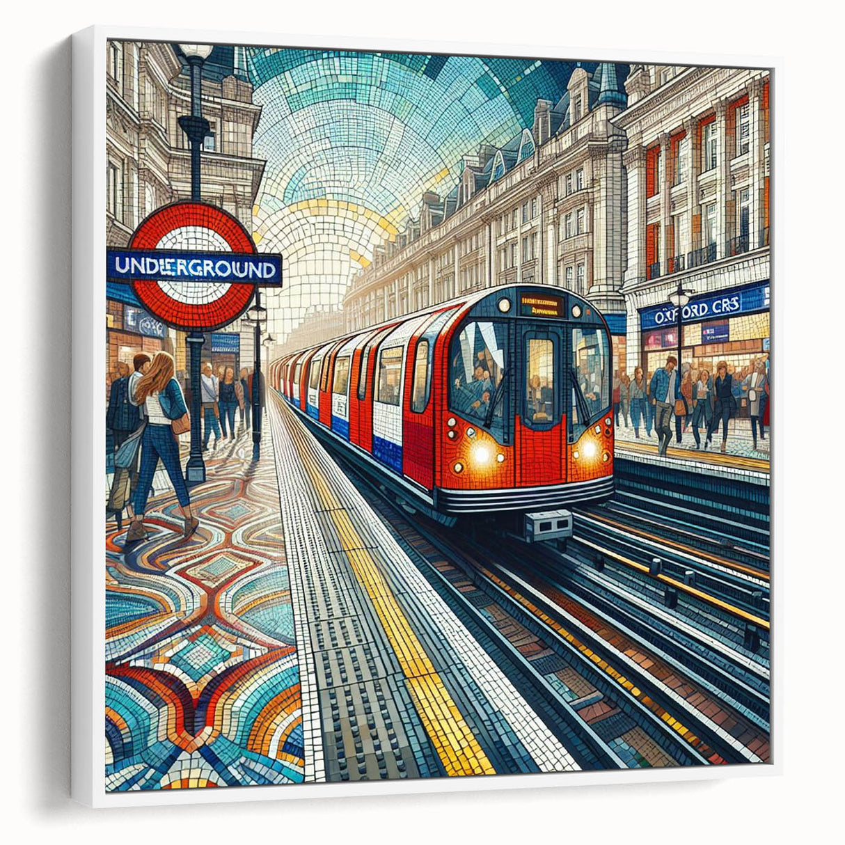 Vintage poster art of London scenery on framed canvas in muted colors, ideal for living room decor.
