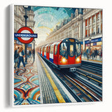 Vintage poster art of London scenery on framed canvas in muted colors, ideal for living room decor.