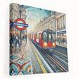 Side view of a stretched canvas featuring a muted color depiction of the London skyline, suitable for kitchen wall art.
