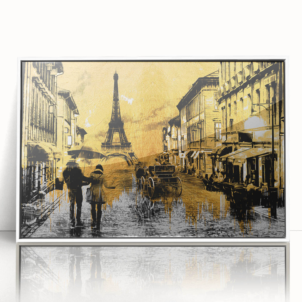 Mid-century modernist art of Paris scenery in muted gray tones, acrylic print in white frame, ideal for nursery wall decor.