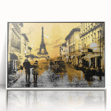 Mid-century modernist art of Paris scenery in muted gray tones, acrylic print in white frame, ideal for nursery wall decor.
