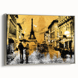 Framed canvas of a Parisian landscape in muted gray with colorful accents, ideal for a living room decor.