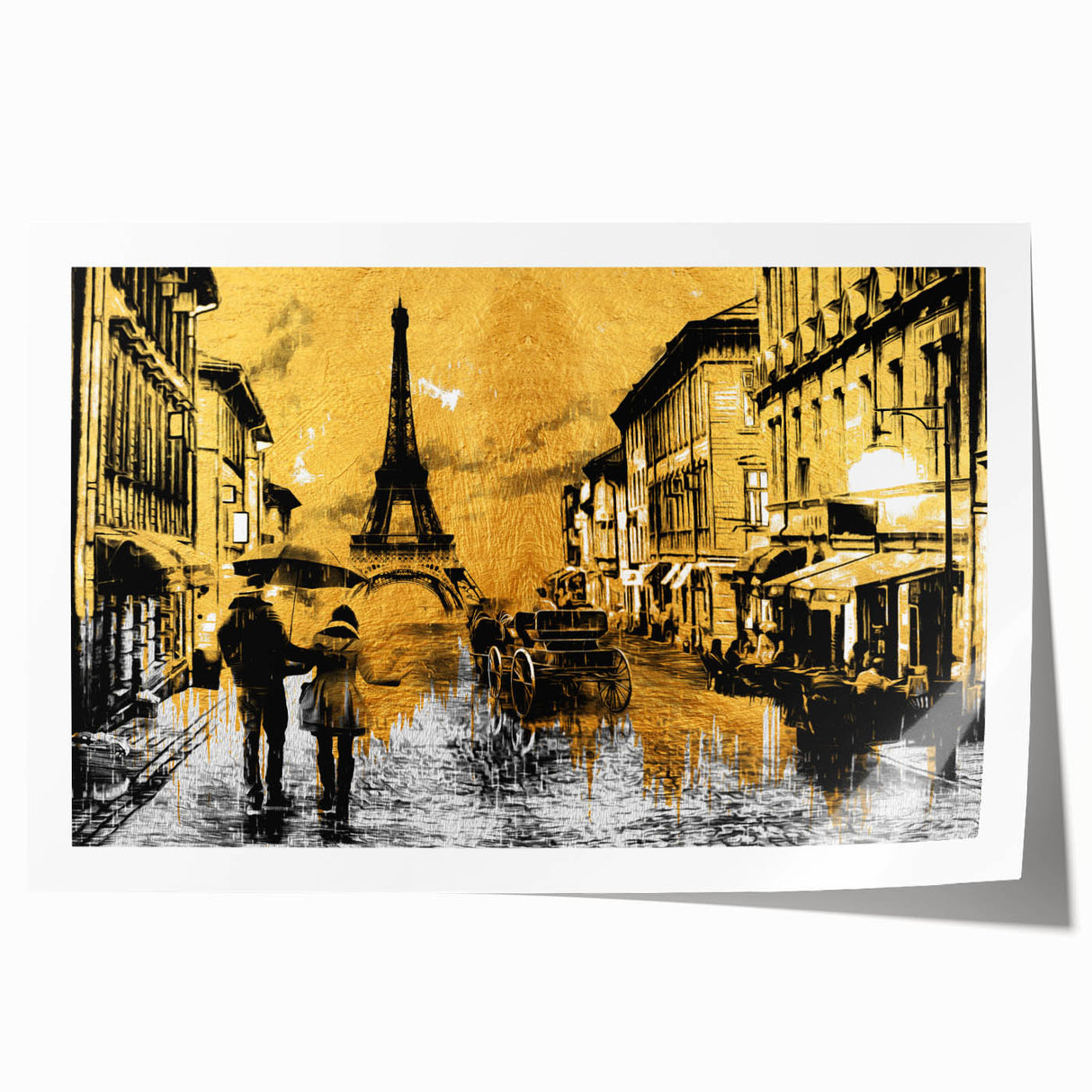 Extra large rolled print of Parisian scenery with floral elements in soft pastel shades.