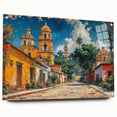 Acrylic print of a Yucatan scenery with vivid blue and green tones, suitable for dining room decor.