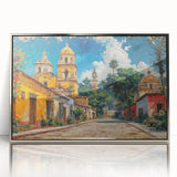 Mid-century modernist art of Yucatan scenery in acrylic, framed in silver, ideal for modern art wall decor.