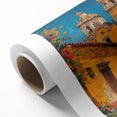 Art deco poster of Yucatan scenery on rolled canvas, featuring muted earth tones, ideal for nursery wall art.
