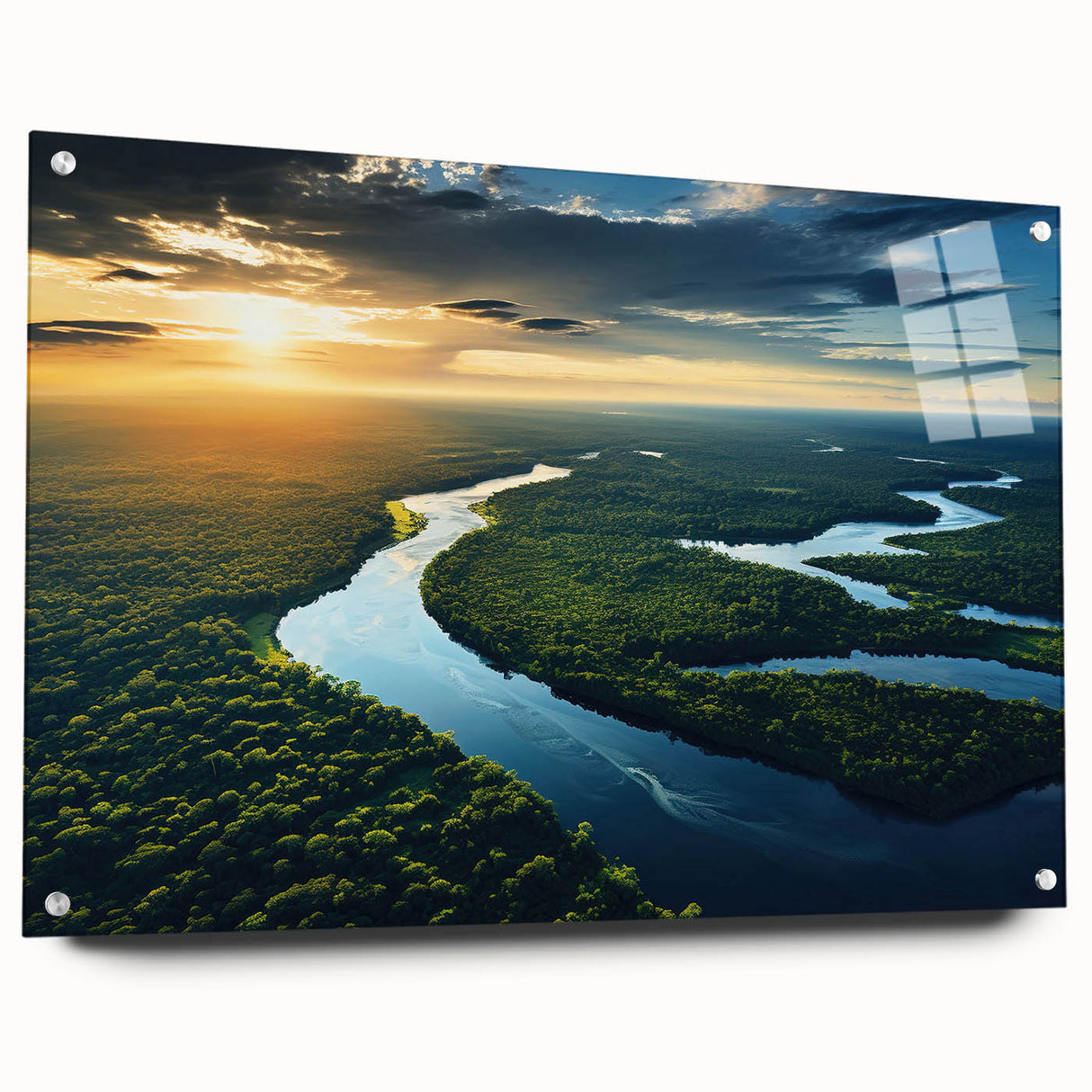 Acrylic print of a large abstract depiction of a Brazilian landscape in vibrant green and blue tones.