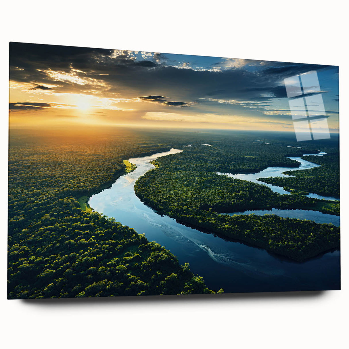 Acrylic print of a large abstract depiction of a Brazilian landscape in vibrant greens and blues.
