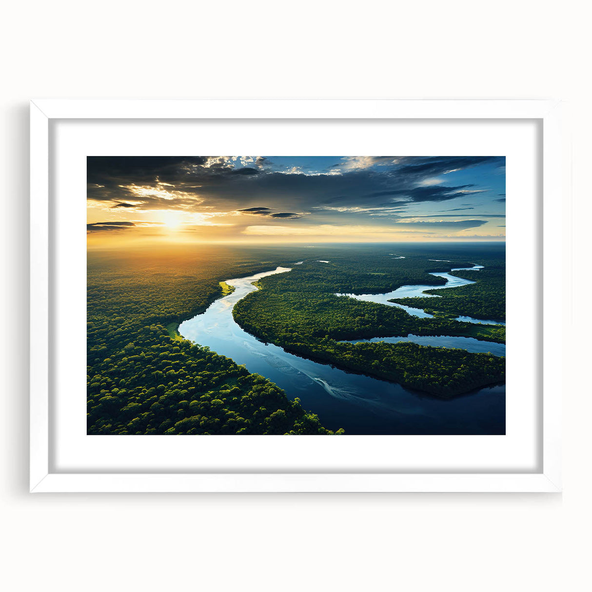 Abstract art print of a stylized Brazilian landscape in muted earth tones on a framed white canvas.