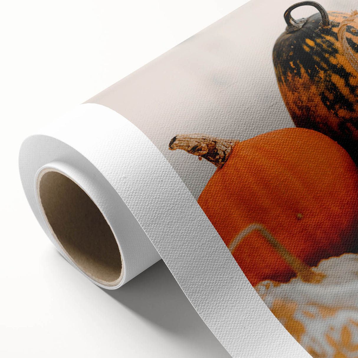 Art deco poster featuring a stylized fall landscape in muted orange and brown tones on rolled canvas.