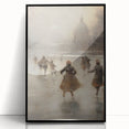 Large abstract wall art depicting a winter scene in muted blue and gray tones, framed in black acrylic.