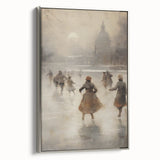 Winter landscape painting on framed canvas, featuring muted gray and black tones with colorful accents.