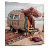Mid-century modernist large abstract wall art of a caravan in muted earth tones on acrylic glass.