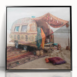 Large abstract wall art featuring a mid-century modernist caravan design in black and grey tones on framed acrylic.