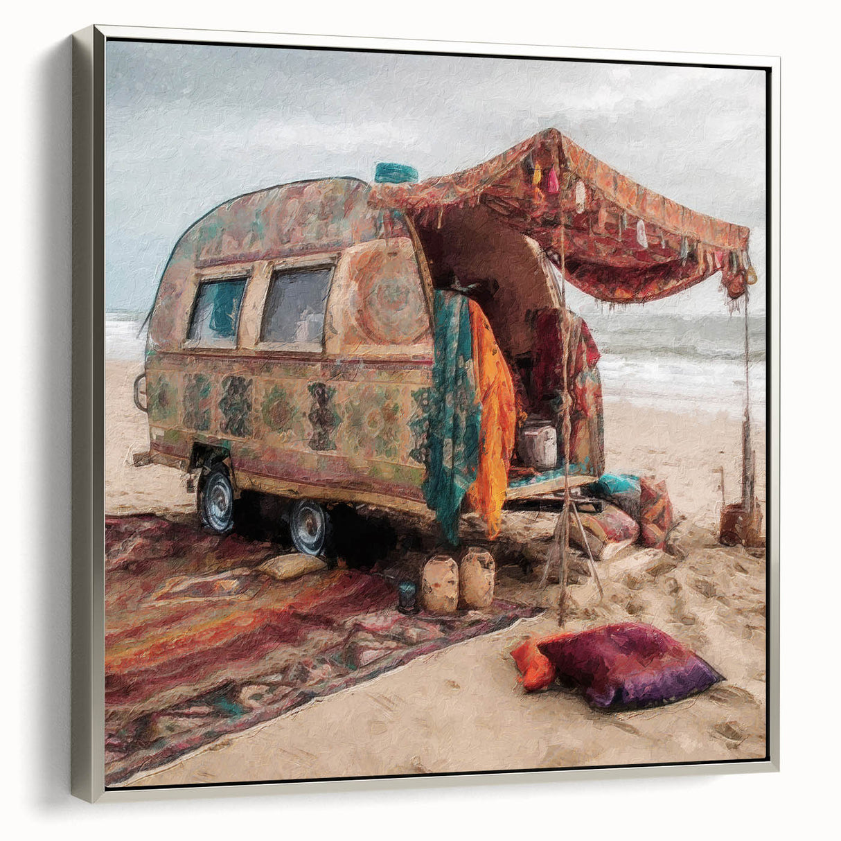 Framed canvas featuring a vintage caravan landscape in black with colorful accents, ideal for living room decor.