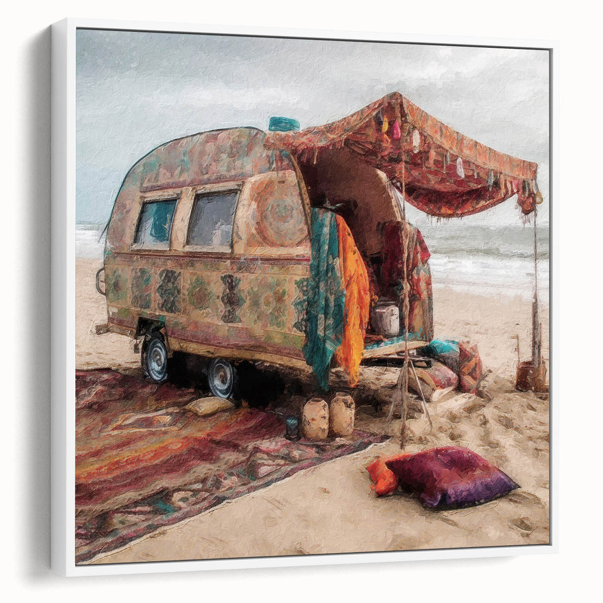 Vintage poster art of a colorful caravan on a black background, printed on extra large framed canvas.