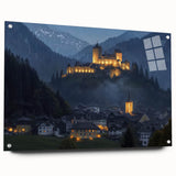 Acrylic glass artwork showcasing a vibrant landscape with a medieval castle, framed at an angle with decorative pins, perfect for enhancing home decor.