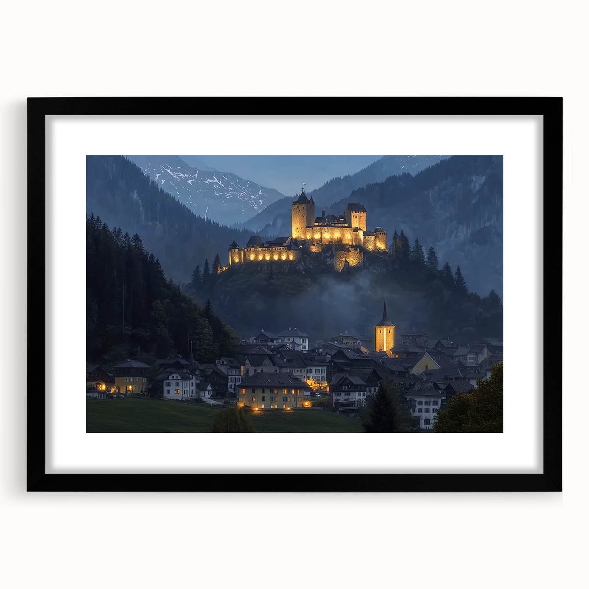 Framed landscape artwork showcasing a majestic castle against a serene backdrop, featuring a sleek black mat and elegant design, perfect for home décor.