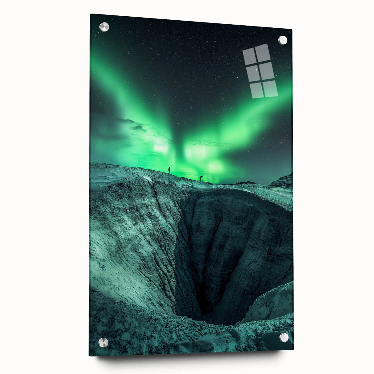 Acrylic glass artwork depicting a vibrant cave landscape, showcasing intricate details and rich colors, framed with pins for a modern display, ideal for home decor.