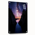 Side view of a stunning acrylic landscape artwork depicting dramatic cliffs, with glossy finish and pin attachment, perfect for modern decor.