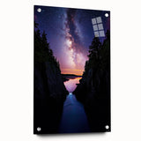 Side view of a stunning acrylic landscape artwork depicting dramatic cliffs, with glossy finish and pin attachment, perfect for modern decor.
