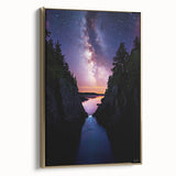 Framed canvas artwork depicting a stunning landscape of cliffs with vibrant colors, featuring a gold side frame, ideal for enhancing modern home decor.