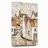 Abstract architectural wall art design displayed in acrylic glass, showcasing vivid colors and intricate patterns, secured with decorative pins for a modern aesthetic.