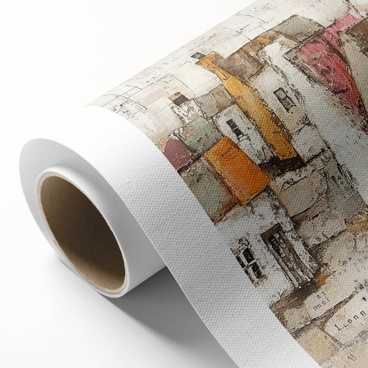 Abstract architectural wall art on rolled canvas, showcasing geometric patterns in vibrant hues of blue, orange, and yellow, ideal for modern decor.