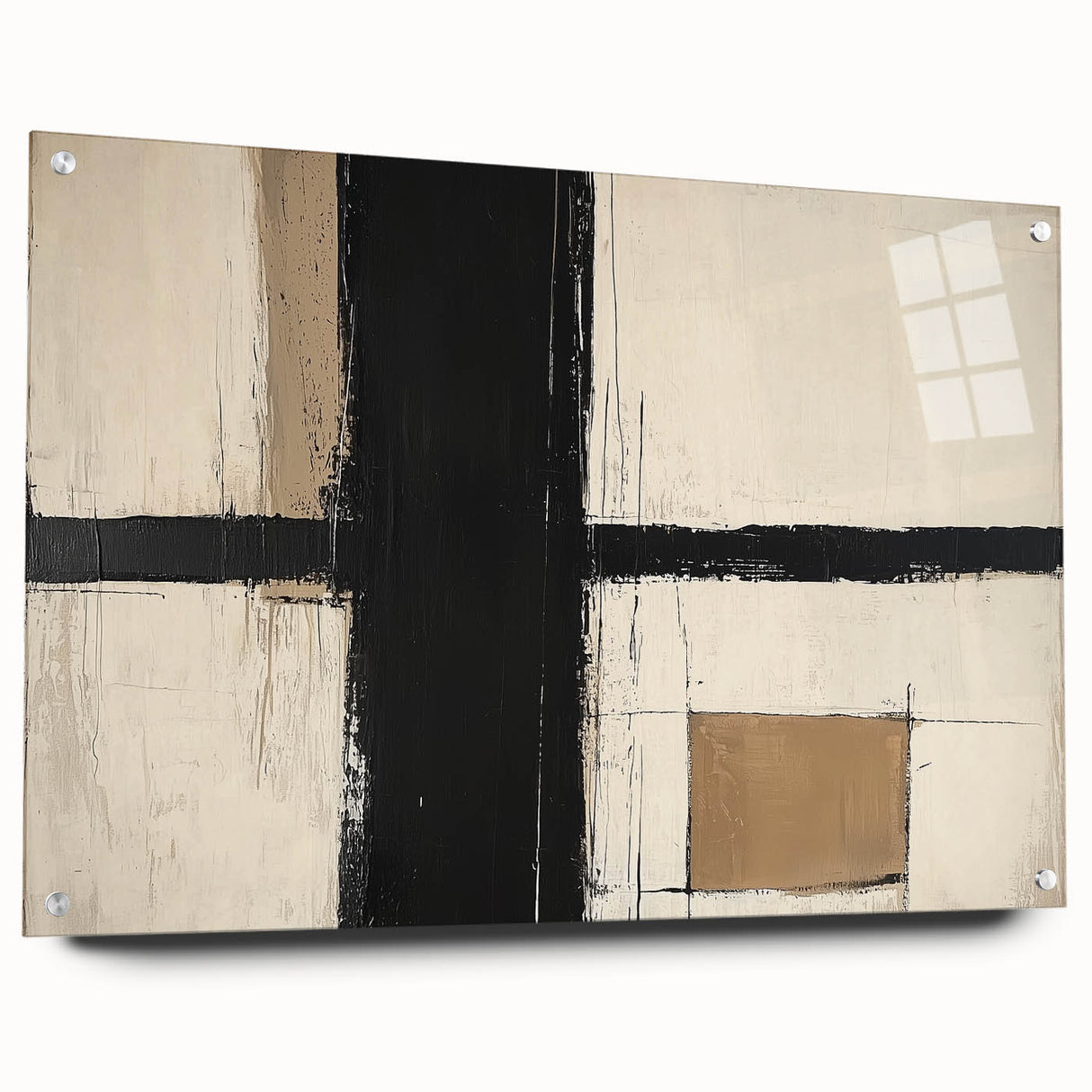 Abstract geometric design in acrylic glass, showcasing vibrant colors and sharp angles, set against a neutral background with metallic pins for mounting. Ideal for modern decor.