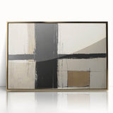 Framed abstract geometric artwork in gold tones, showcasing a modern design with sharp angles and intricate shapes, perfect for contemporary decor.