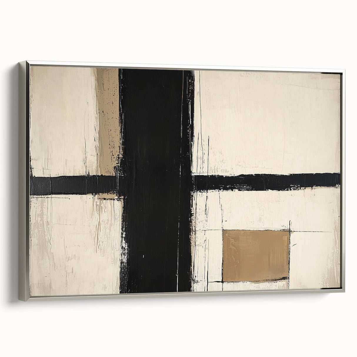 Framed abstract geometric canvas art displaying a silver color scheme, showcasing intricate patterns and modern design elements, perfect for contemporary home decor.