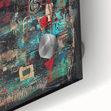 Close-up of vibrant abstract splatter artwork on acrylic glass, showcasing a mix of bold colors and fluid patterns, perfect for modern home decor.