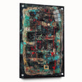 Abstract acrylic glass artwork showcasing vibrant splatters in shades of blue, yellow, and red, viewed from the side with decorative pins, ideal for modern decor.